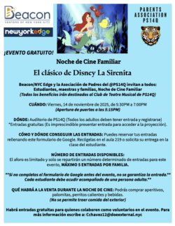 flyer advertising little mermaid movie night on friday, november 14, 5:30-7 pm at PS 14